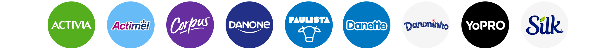 Logo das marcas Activia, Actimel, Corpus, Danone, Paulista, Yopro e Silk, Danoninho, 